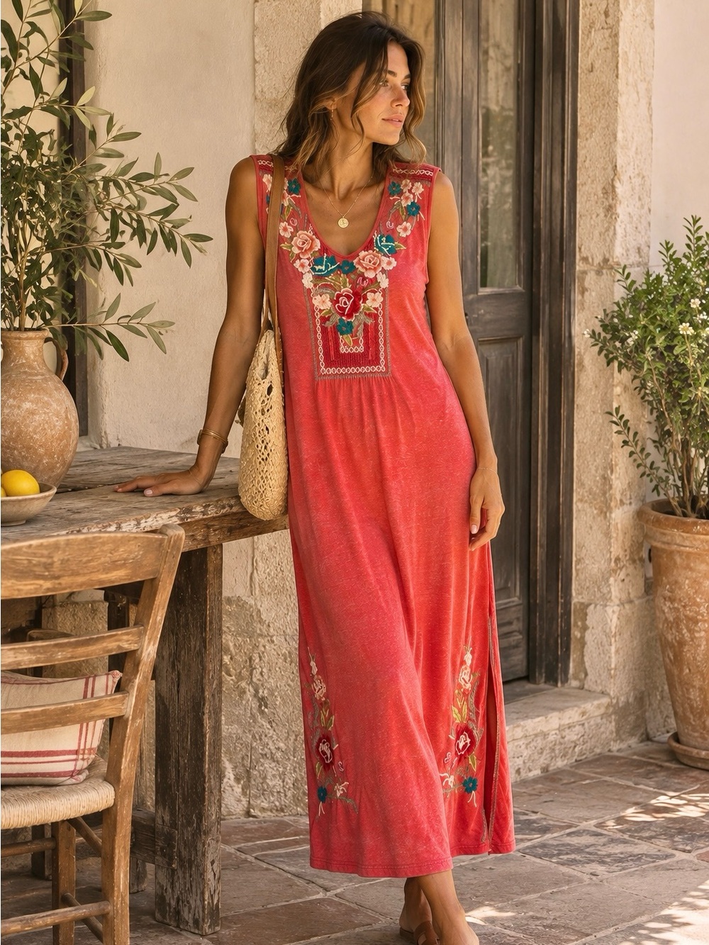 Johnny Was JW Los Angeles Embroidered Floral Boho Cotton Blend Maxi Dress Red S